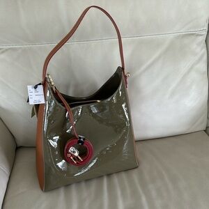 Arcadia Italy, patent leather Olive Green with Tan shoulder bag Logo Embossed